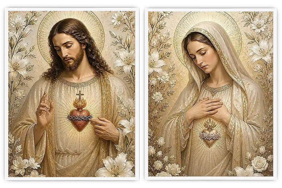 Jesus and Mary floral religious canvas art with gold halos for elegant home decor.