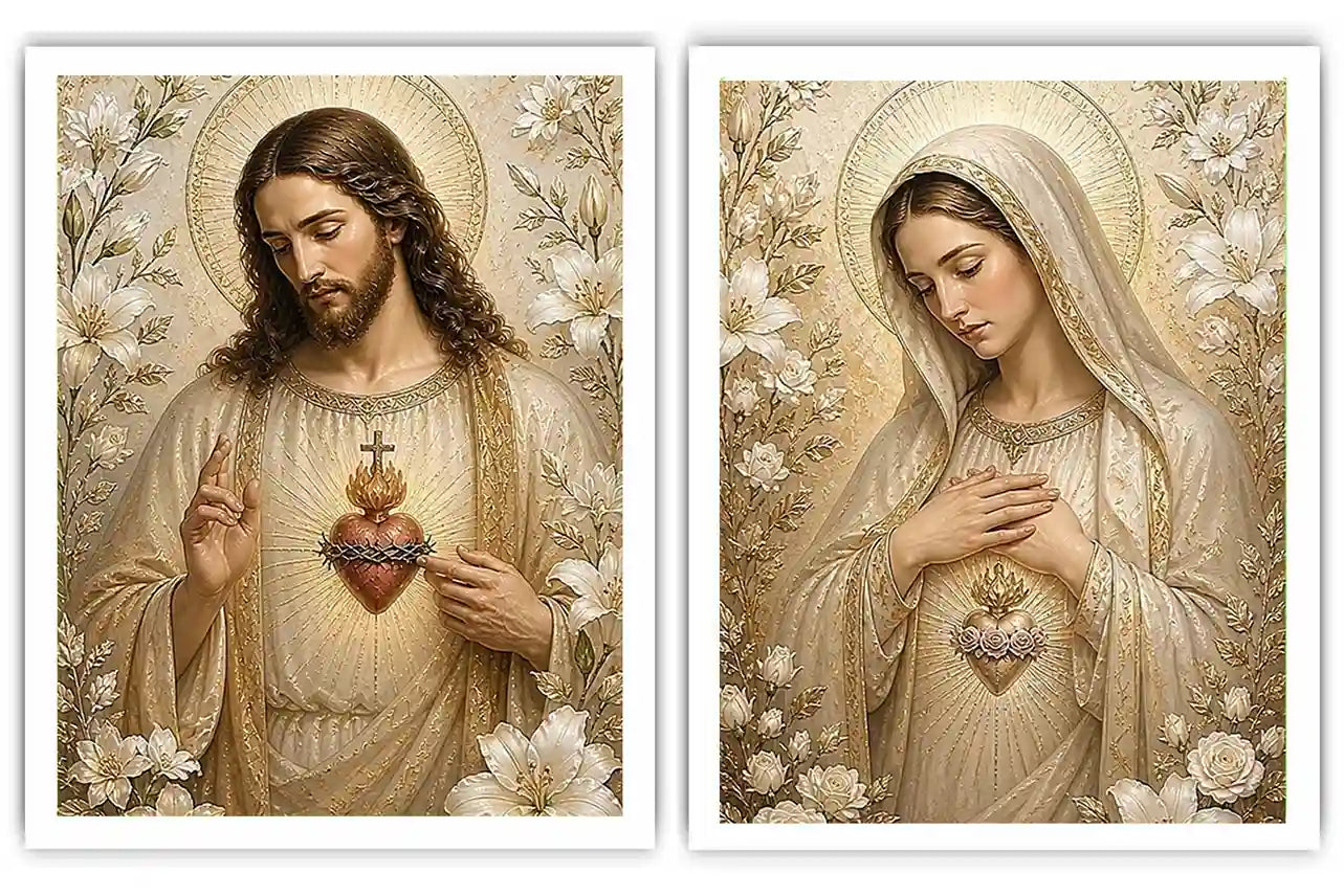 Jesus and Mary floral religious canvas art with gold halos for elegant home decor.