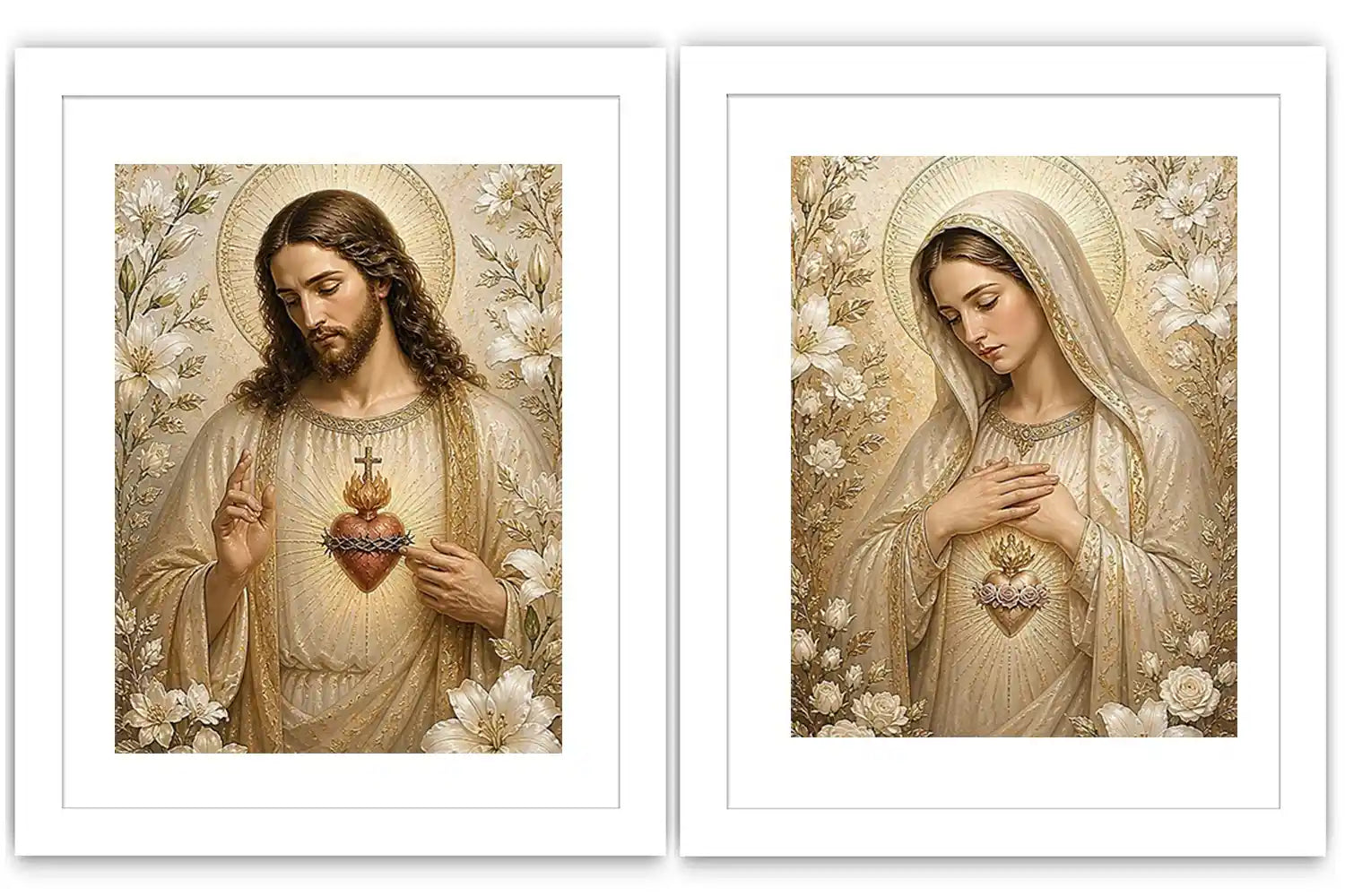 Jesus and Mary floral religious canvas art with gold halos for elegant home decor.