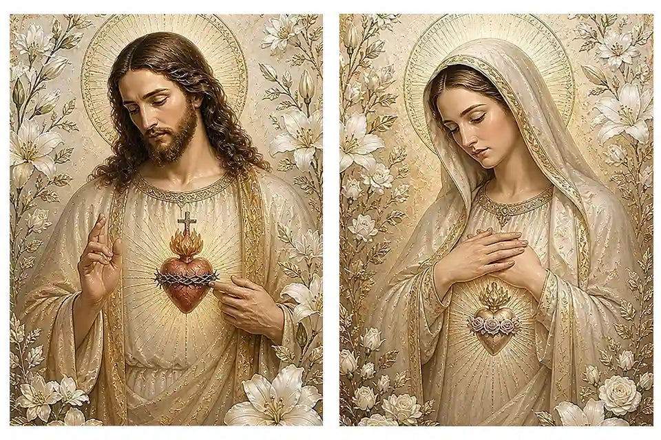 Jesus and Mary floral religious canvas art with gold halos for elegant home decor.