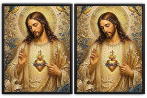 Jesus and Mary floral religious canvas art with gold halos and birds for elegant home decor.