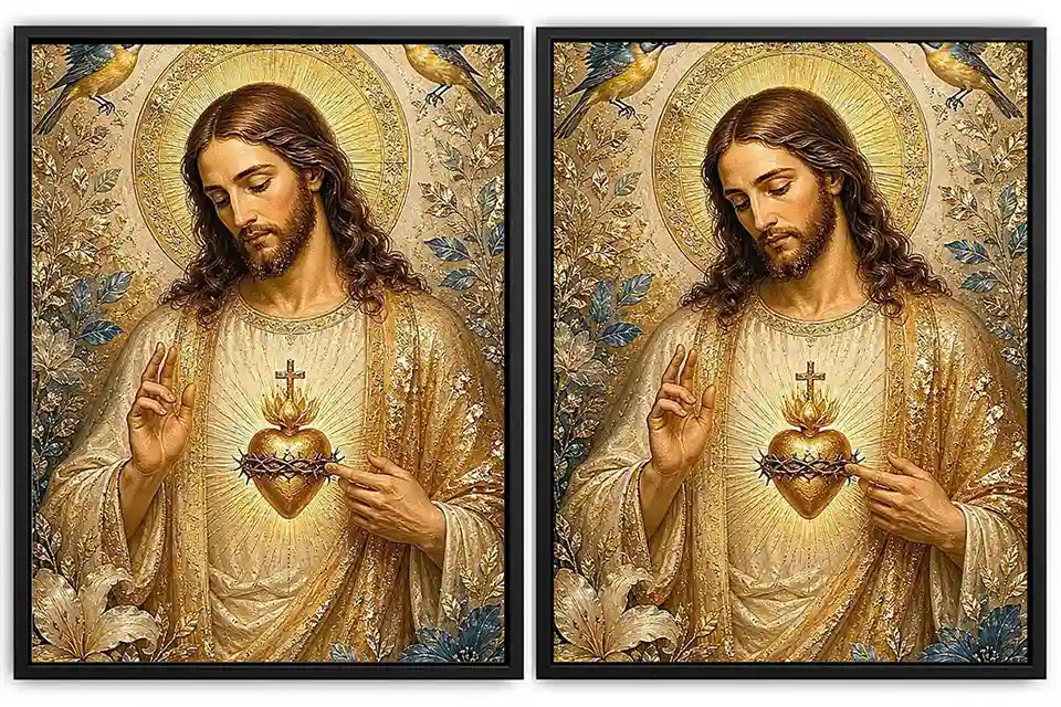 Jesus and Mary floral religious canvas art with gold halos and birds for elegant home decor.