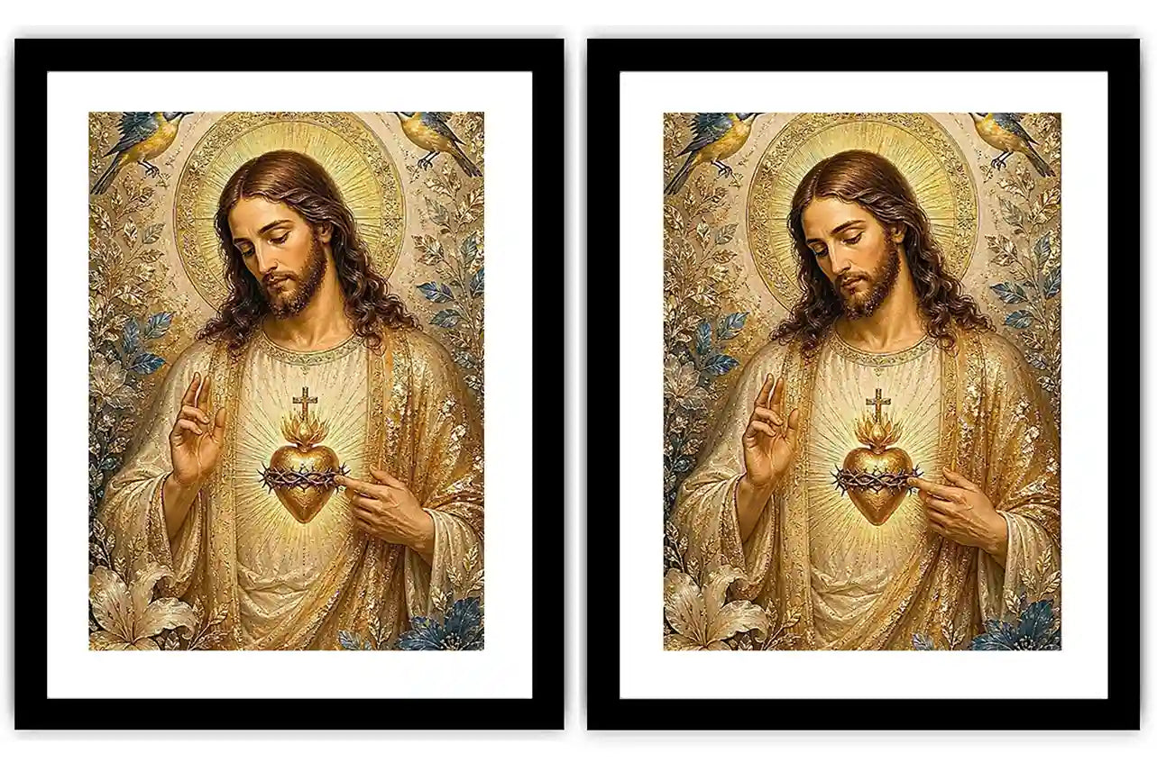Jesus and Mary floral religious canvas art with gold halos and birds for elegant home decor.