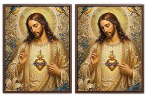 Jesus and Mary floral religious canvas art with gold halos and birds for elegant home decor.