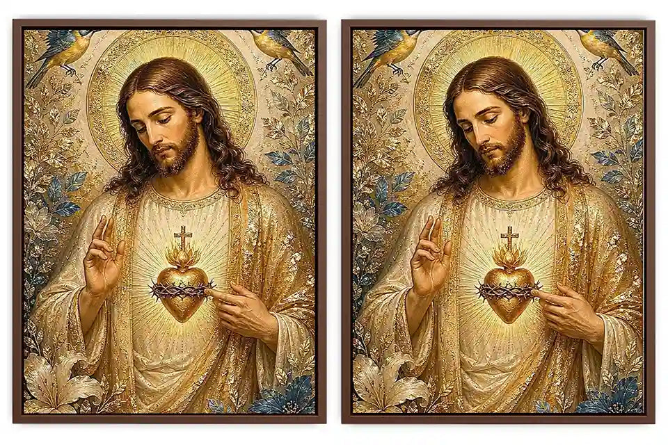 Jesus and Mary floral religious canvas art with gold halos and birds for elegant home decor.