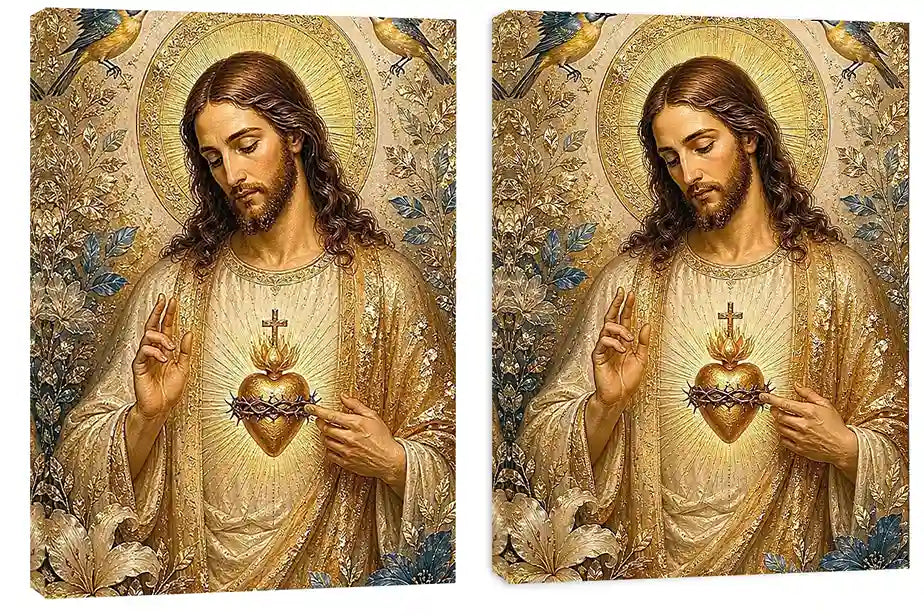Jesus and Mary floral religious canvas art with gold halos and birds for elegant home decor.
