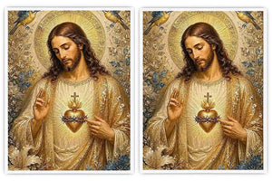 Jesus and Mary floral religious canvas art with gold halos and birds for elegant home decor.