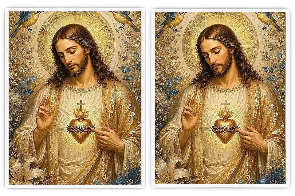 Jesus and Mary floral religious canvas art with gold halos and birds for elegant home decor.
