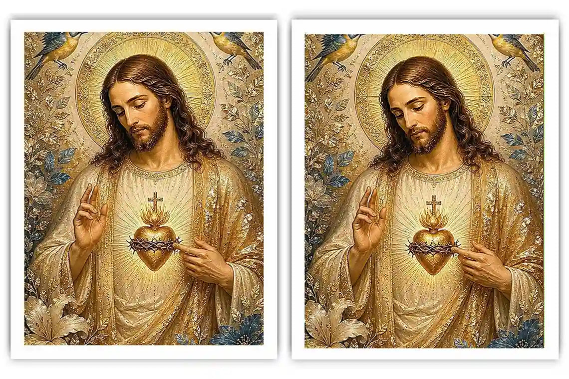 Jesus and Mary floral religious canvas art with gold halos and birds for elegant home decor.
