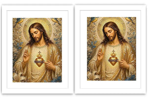 Jesus and Mary floral religious canvas art with gold halos and birds for elegant home decor.
