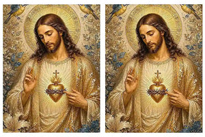 Jesus and Mary floral religious canvas art with gold halos and birds for elegant home decor.