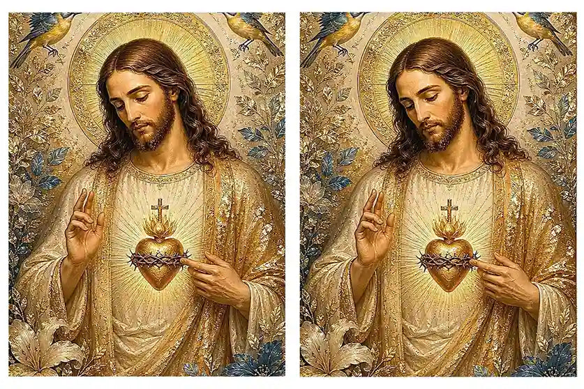Jesus and Mary floral religious canvas art with gold halos and birds for elegant home decor.