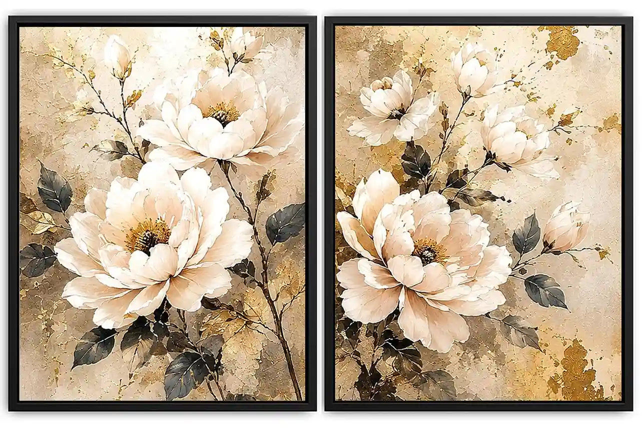 Ivory floral diptych canvas art with gold accents for elegant bedroom decor