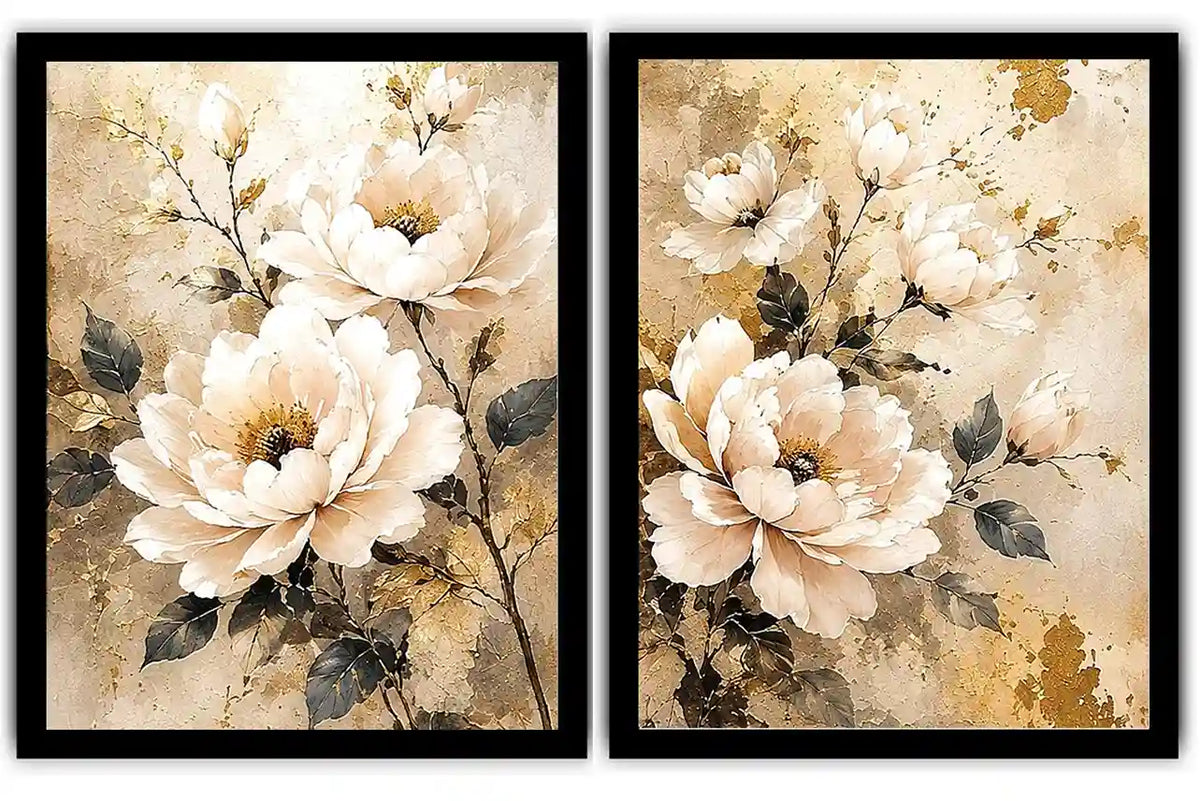 Ivory floral diptych canvas art with gold accents for elegant bedroom decor