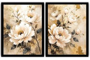 Ivory floral diptych canvas art with gold accents for elegant bedroom decor
