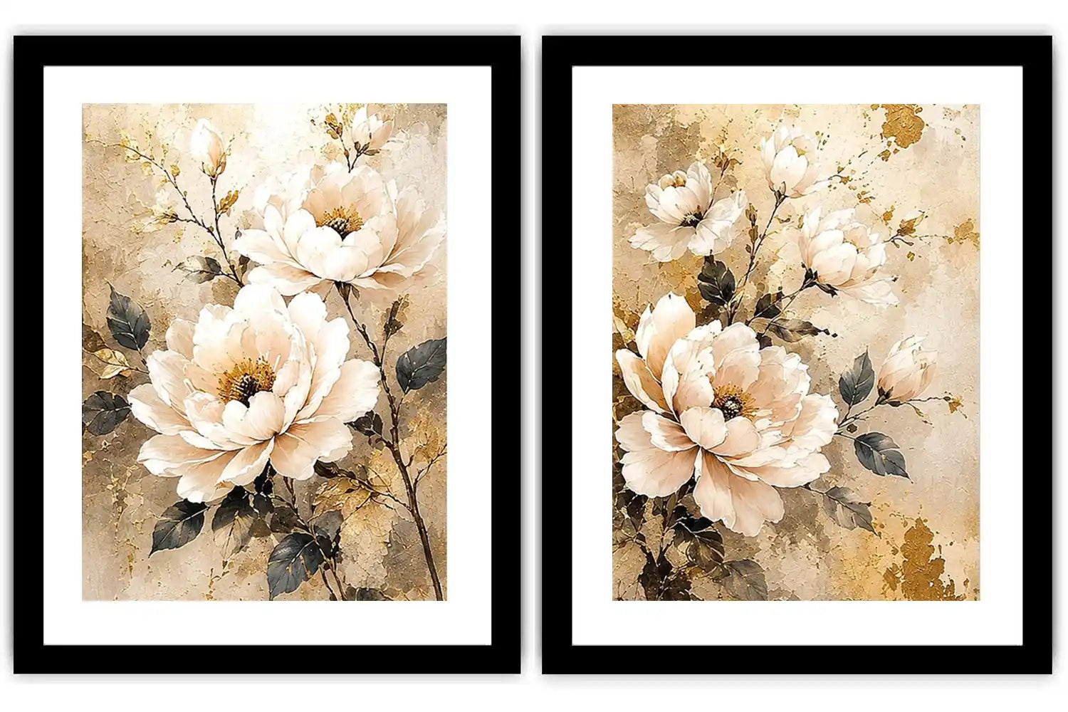 Ivory floral diptych canvas art with gold accents for elegant bedroom decor