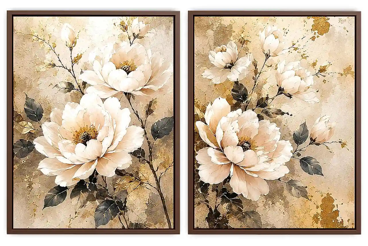 Ivory floral diptych canvas art with gold accents for elegant bedroom decor