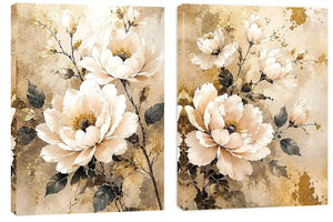 Ivory floral diptych canvas art with gold accents for elegant bedroom decor