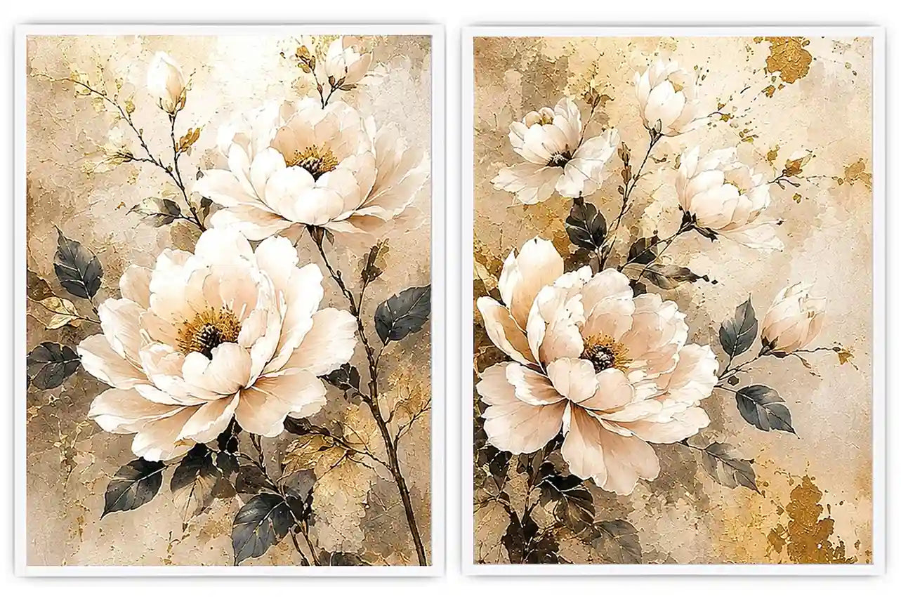 Ivory floral diptych canvas art with gold accents for elegant bedroom decor