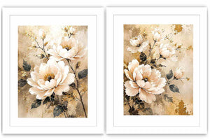 Ivory floral diptych canvas art with gold accents for elegant bedroom decor