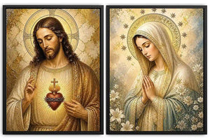 Jesus and Mary religious canvas art with sacred heart, flowers, and gold halos for home decor.