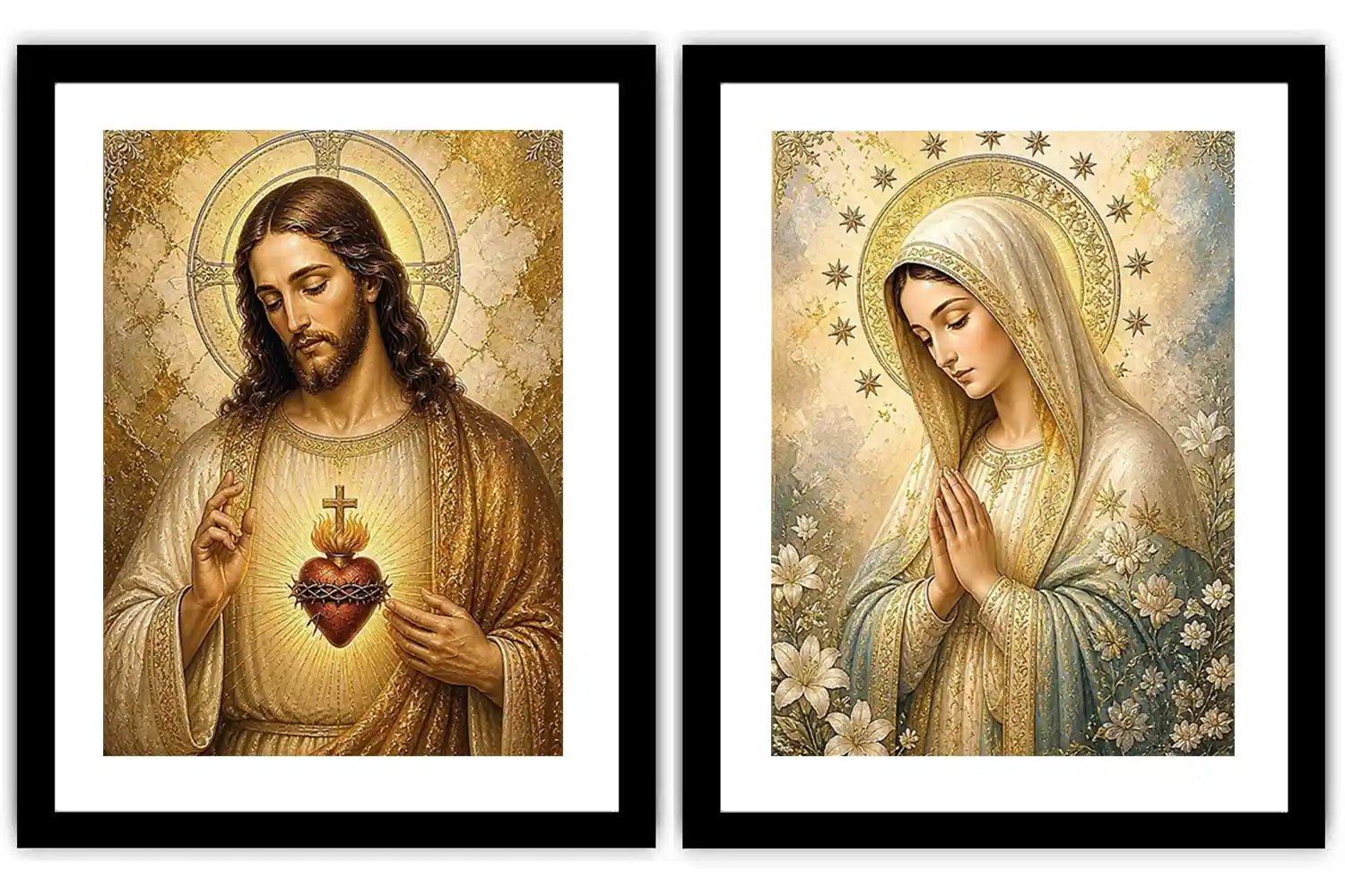 Jesus and Mary religious canvas art with sacred heart, flowers, and gold halos for home decor.