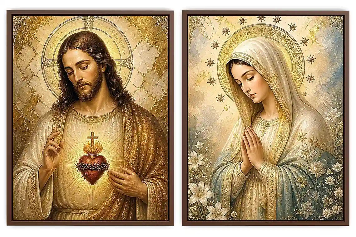 Jesus and Mary religious canvas art with sacred heart, flowers, and gold halos for home decor.