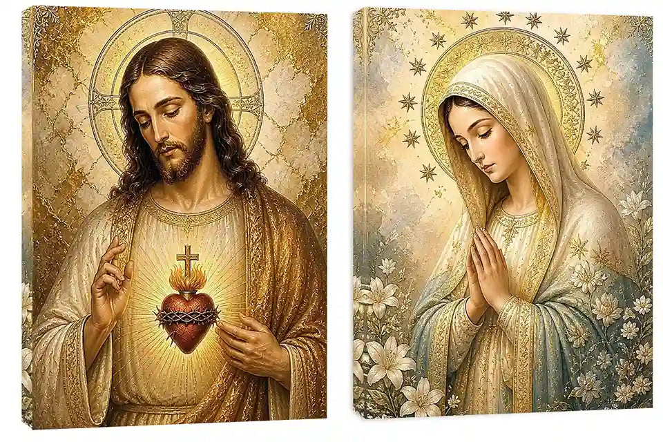 Jesus and Mary religious canvas art with sacred heart, flowers, and gold halos for home decor.