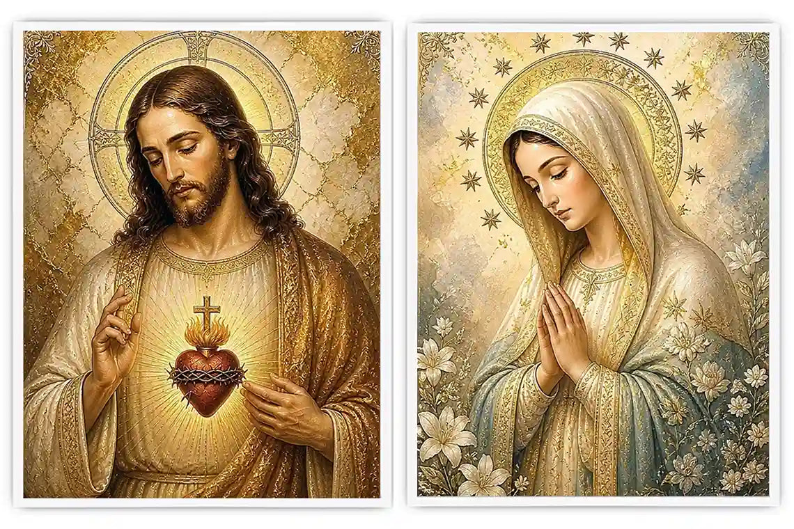 Jesus and Mary religious canvas art with sacred heart, flowers, and gold halos for home decor.