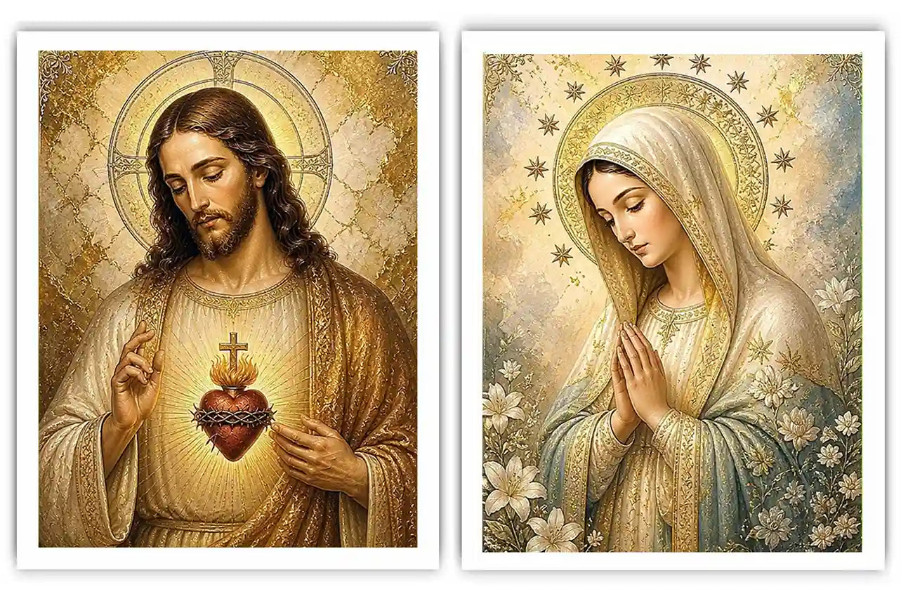 Jesus and Mary religious canvas art with sacred heart, flowers, and gold halos for home decor.