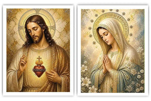 Jesus and Mary religious canvas art with sacred heart, flowers, and gold halos for home decor.