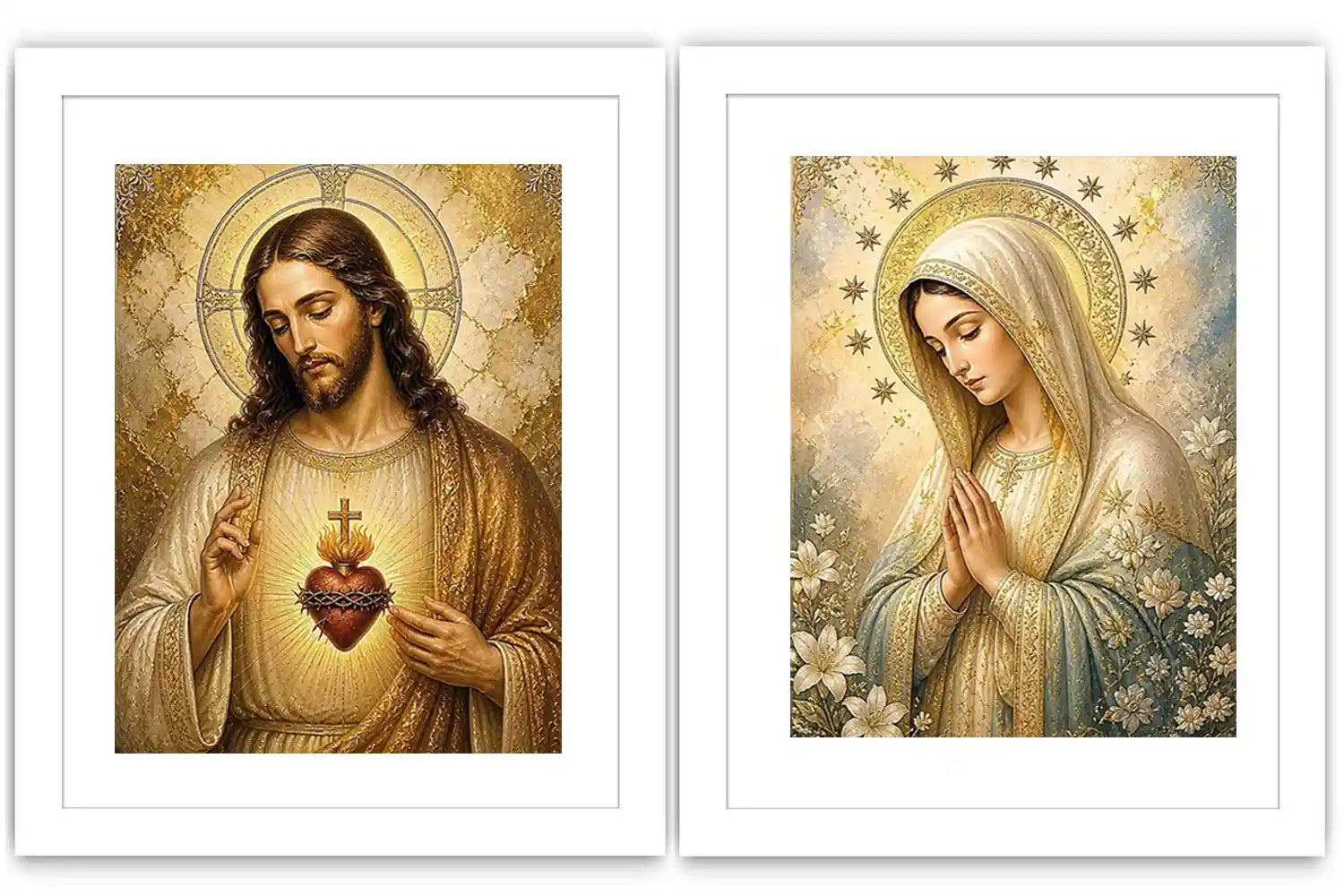 Jesus and Mary religious canvas art with sacred heart, flowers, and gold halos for home decor.