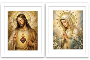 Jesus and Mary religious canvas art with sacred heart, flowers, and gold halos for home decor.