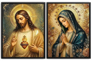 Jesus and Mary religious canvas art with emerald tones, gold halos, and sacred heart detail.