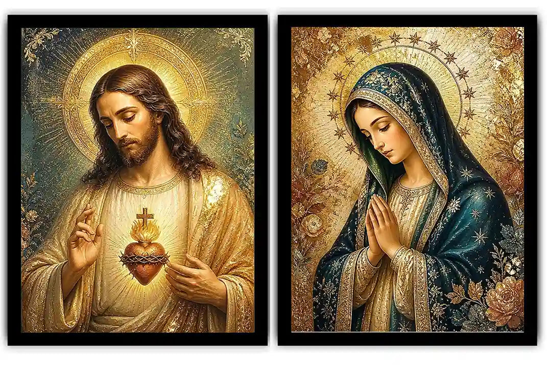 Jesus and Mary religious canvas art with emerald tones, gold halos, and sacred heart detail.
