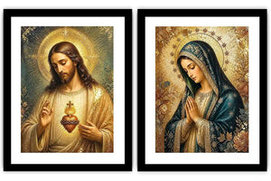 Jesus and Mary religious canvas art with emerald tones, gold halos, and sacred heart detail.