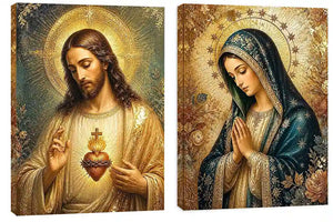 Jesus and Mary religious canvas art with emerald tones, gold halos, and sacred heart detail.