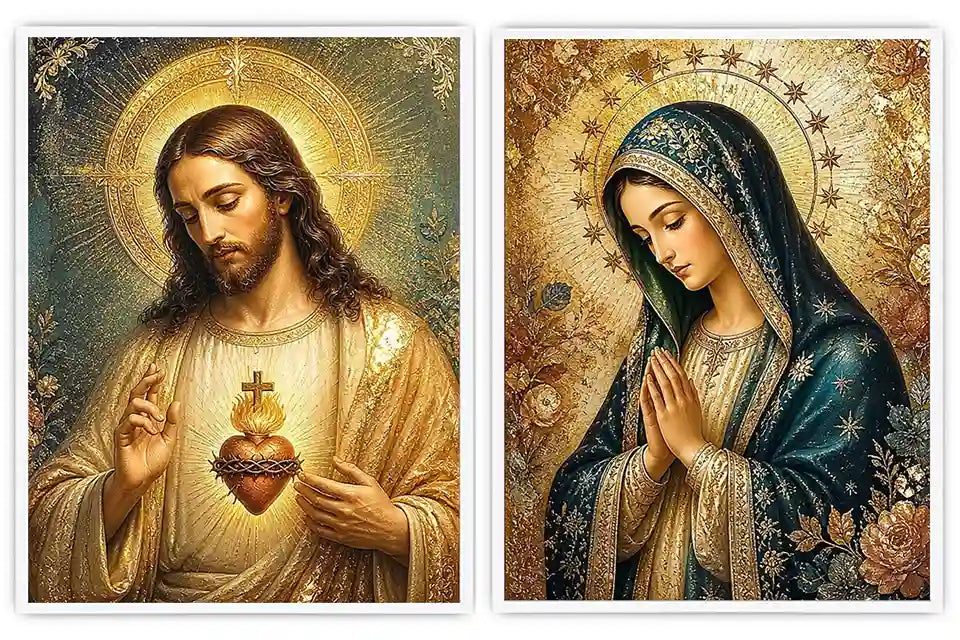 Jesus and Mary religious canvas art with emerald tones, gold halos, and sacred heart detail.