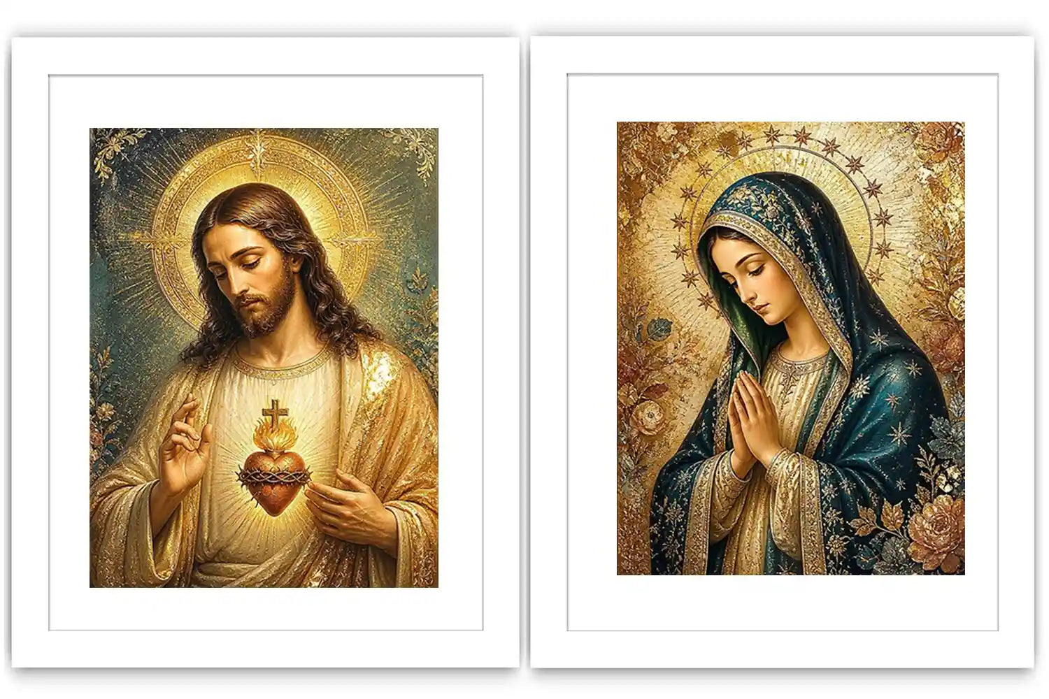 Jesus and Mary religious canvas art with emerald tones, gold halos, and sacred heart detail.