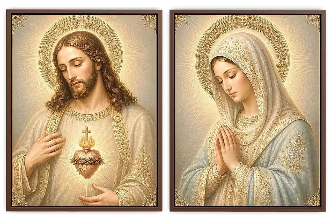 Jesus and Mary religious canvas art with sacred heart, prayer pose, and gold halos.
