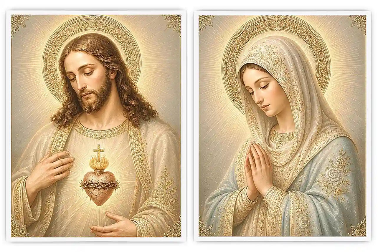 Jesus and Mary religious canvas art with sacred heart, prayer pose, and gold halos.