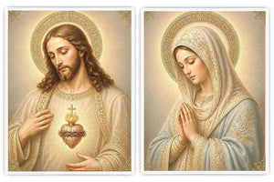 Jesus and Mary religious canvas art with sacred heart, prayer pose, and gold halos.