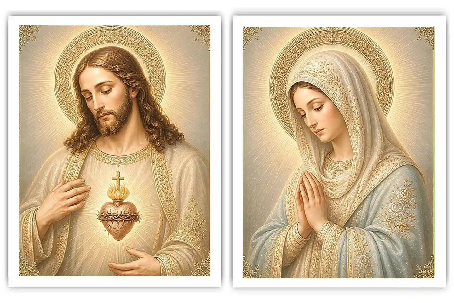 Jesus and Mary religious canvas art with sacred heart, prayer pose, and gold halos.