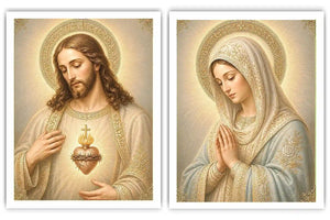Jesus and Mary religious canvas art with sacred heart, prayer pose, and gold halos.