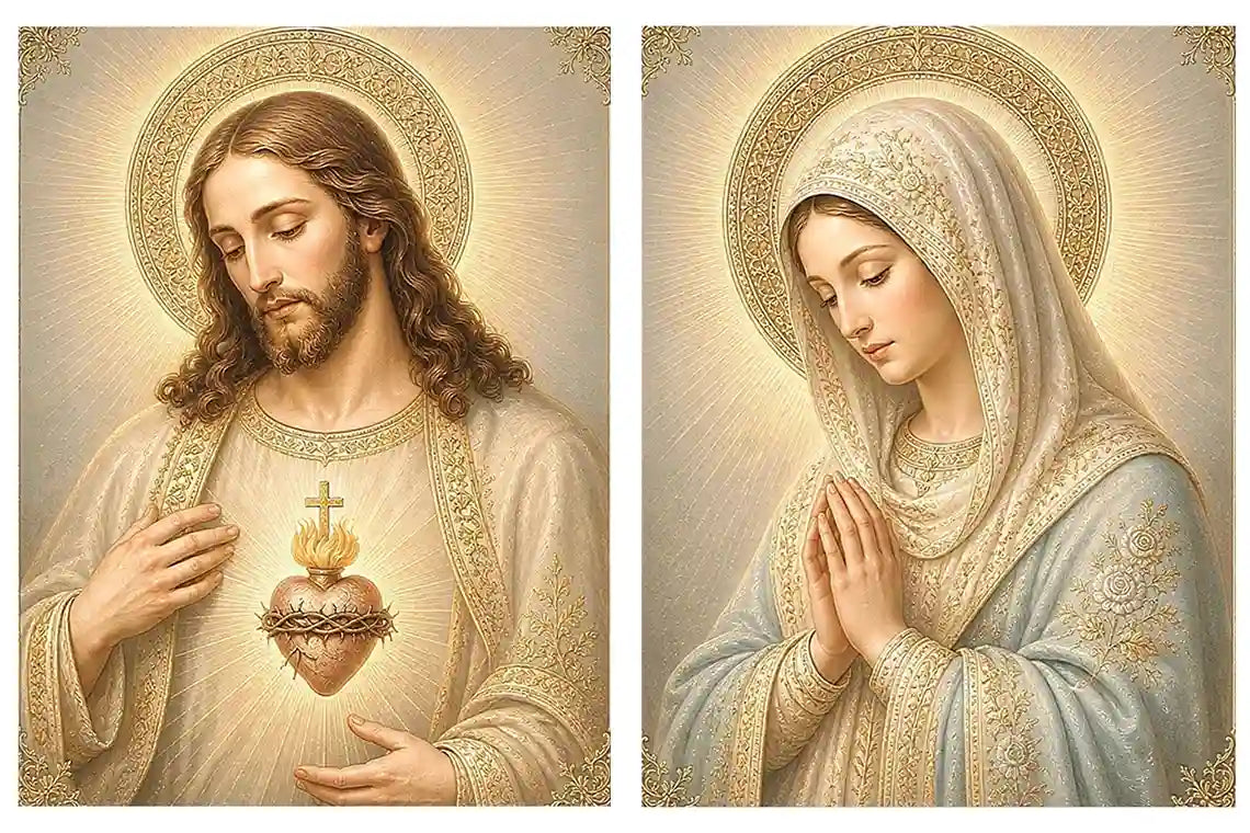 Jesus and Mary religious canvas art with sacred heart, prayer pose, and gold halos.