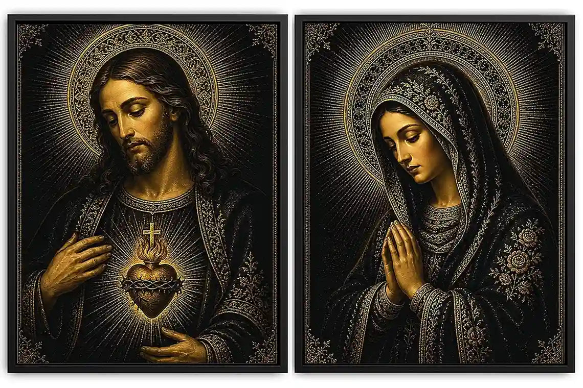 Dark Jesus and Mary religious canvas art with gold halos and sacred heart detail.