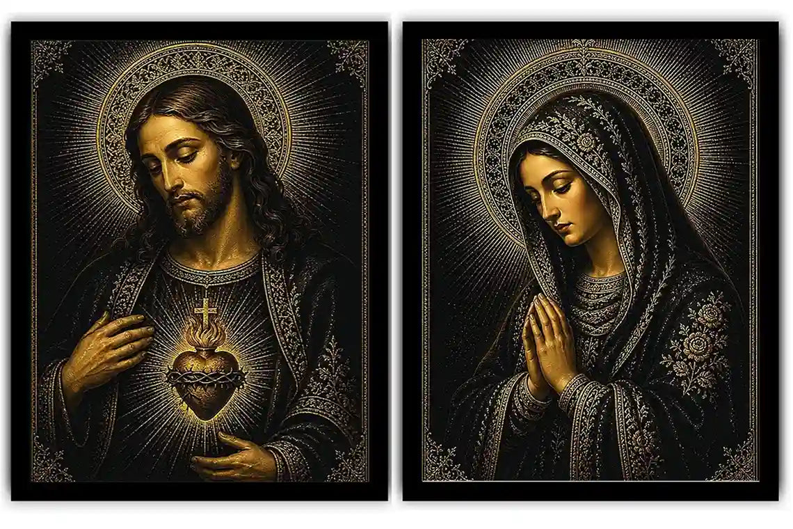 Dark Jesus and Mary religious canvas art with gold halos and sacred heart detail.