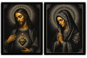 Dark Jesus and Mary religious canvas art with gold halos and sacred heart detail.