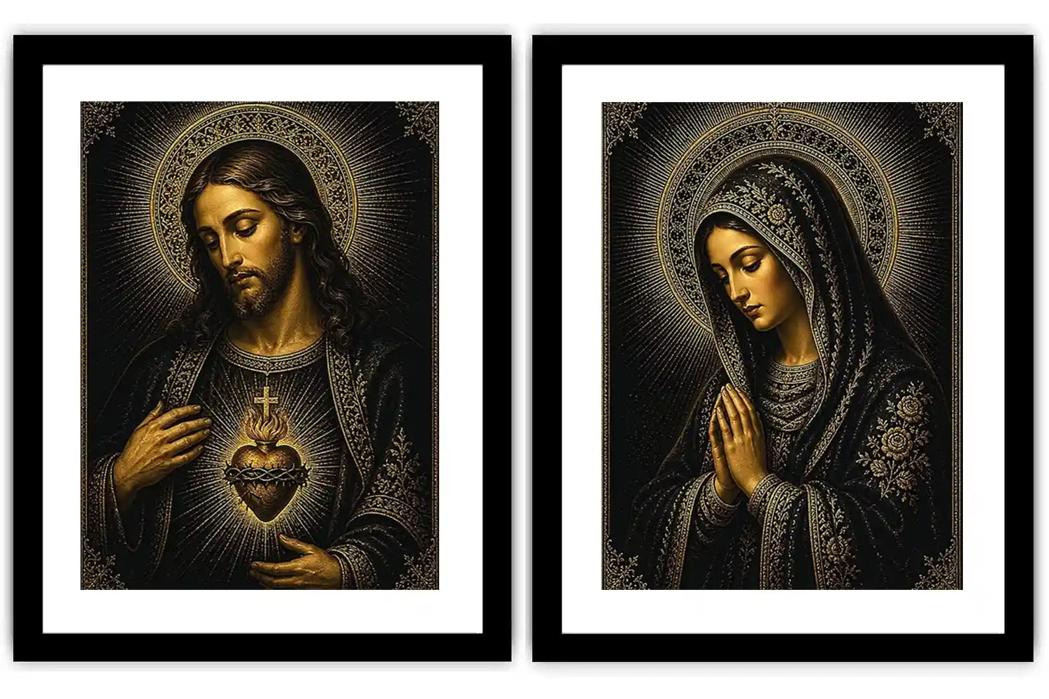 Dark Jesus and Mary religious canvas art with gold halos and sacred heart detail.