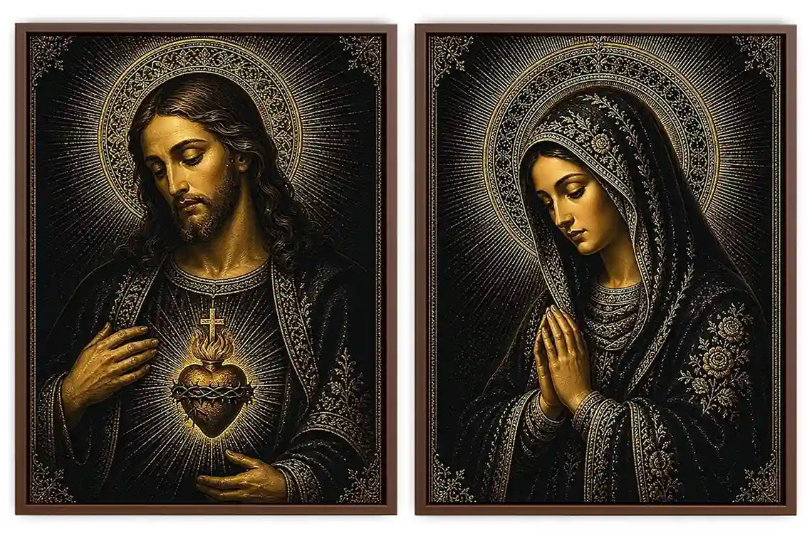 Dark Jesus and Mary religious canvas art with gold halos and sacred heart detail.